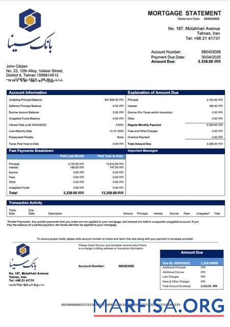 Printable Iran Sina Bank mortgage statement Word and PDF template